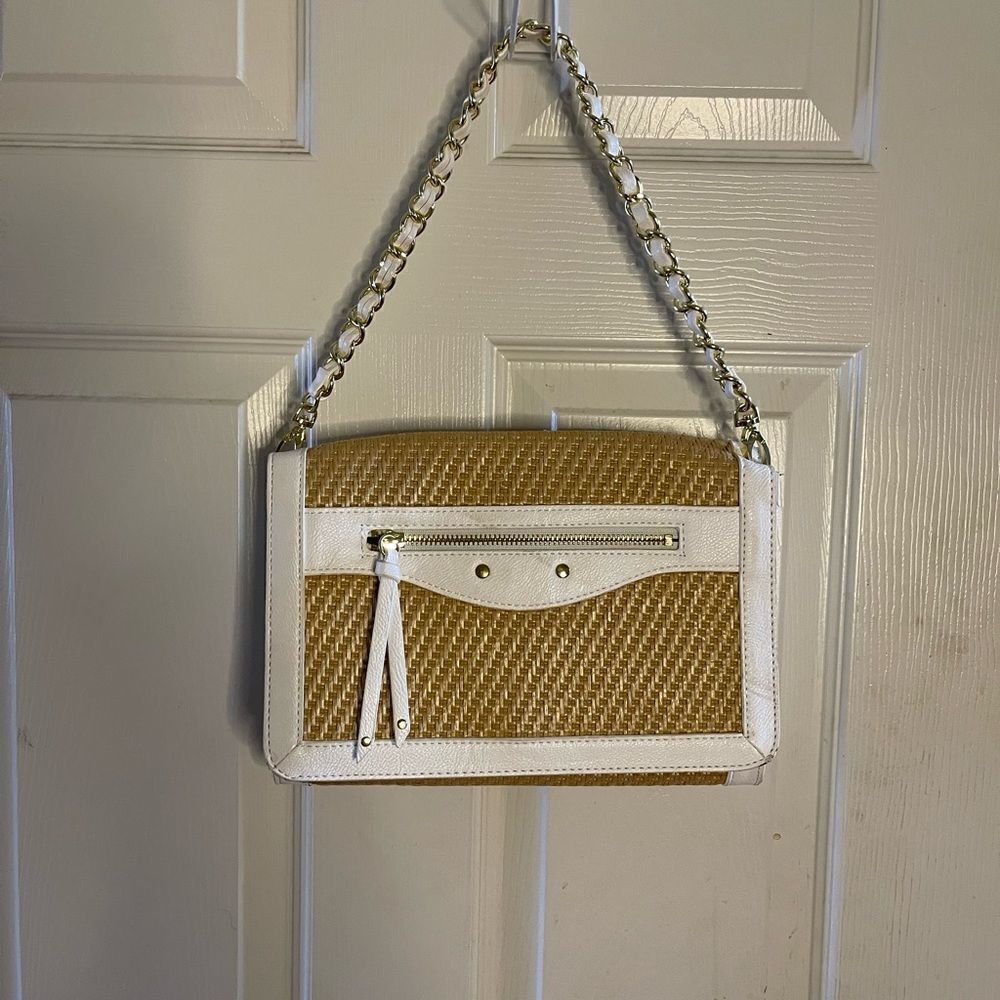 Olivia & Joy convertible clutch straw with white trim and gold tone accents